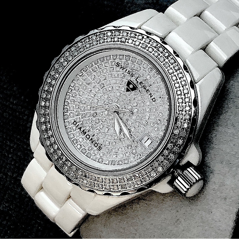 Swiss Legend Diamond Watch Diamonds Ceramic Karamica Date Large Stainles…